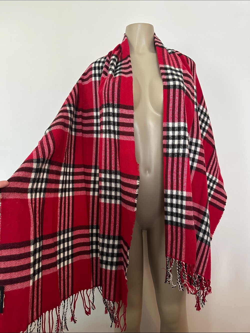 Red Plaid Fringe Shawl Scarf